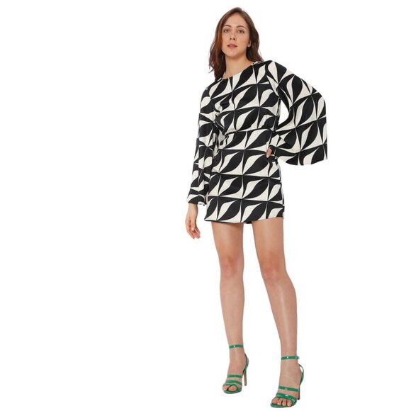 Printed Boat-Neck Sheath Dress Black & Cream  Size Small - Picture 4 of 4